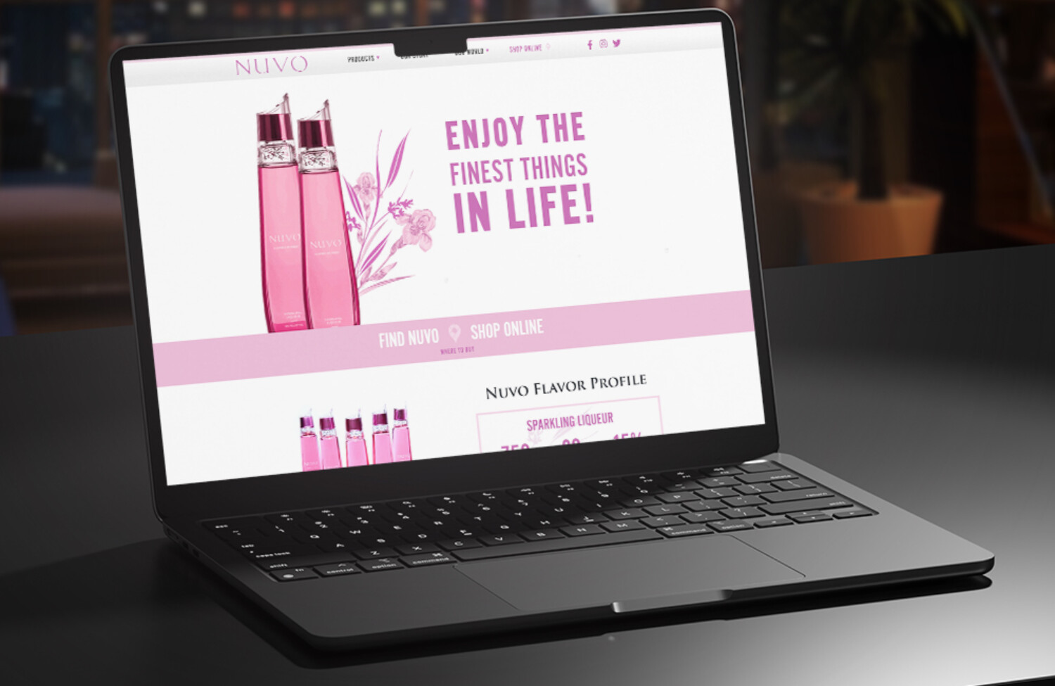 Web design for liquor company displayed on lap top screen