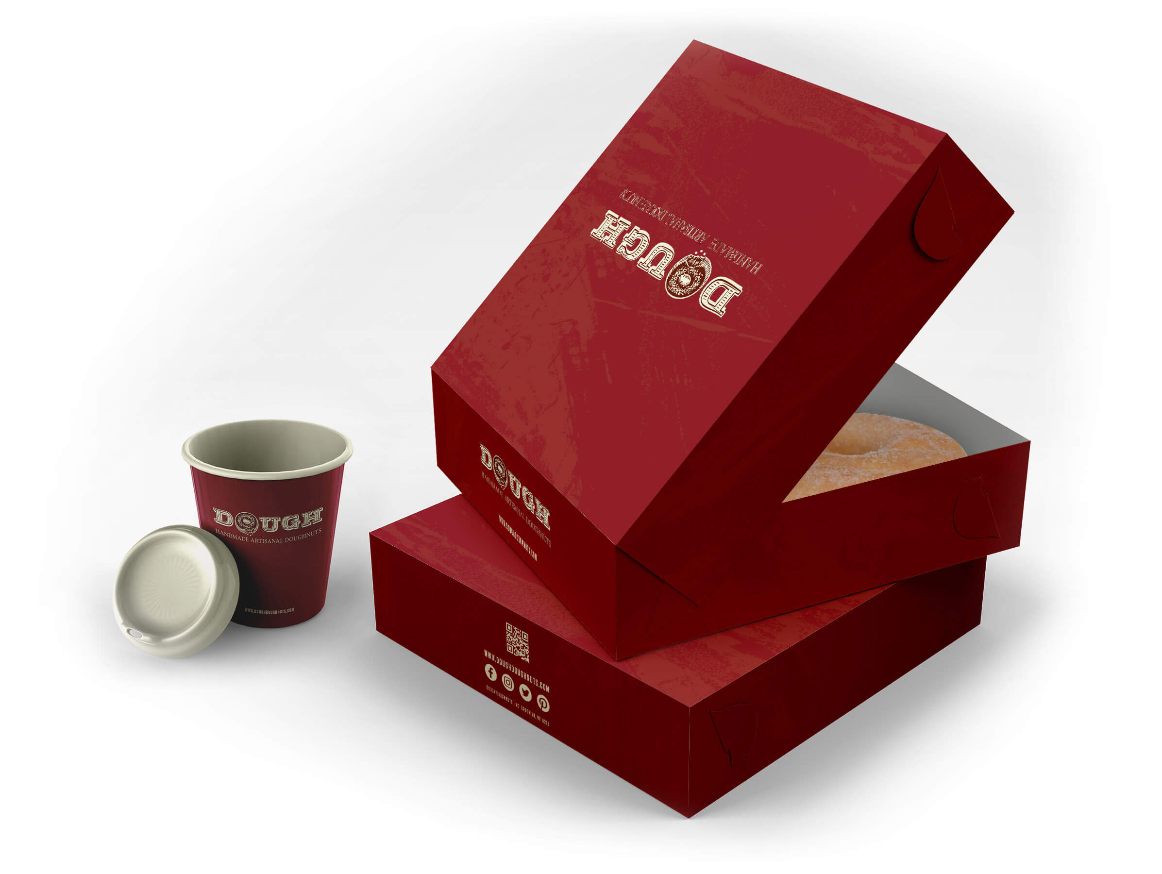 Doughnut brand design displayed on boxes and cup
