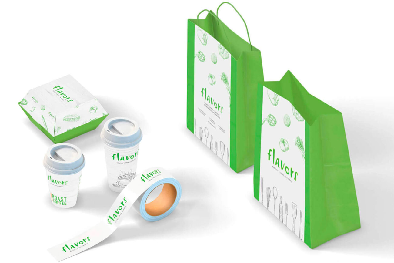 nyc restaurant branding displayed on bags, tape, cups and food container