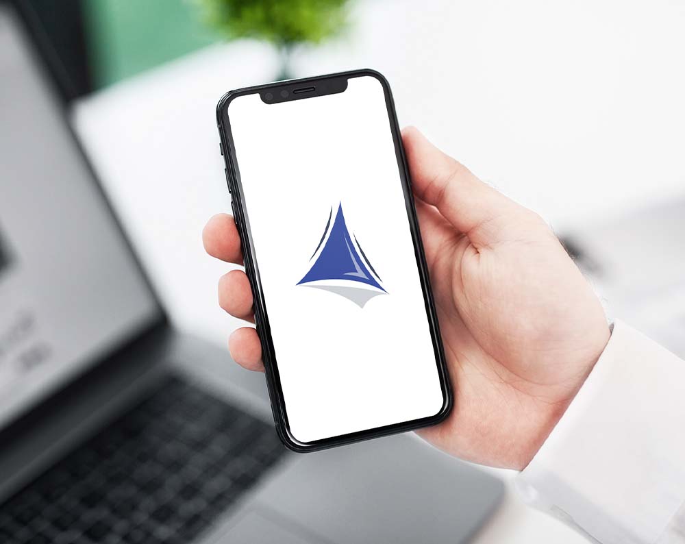 Logo design for tech company displayed cell phone screen