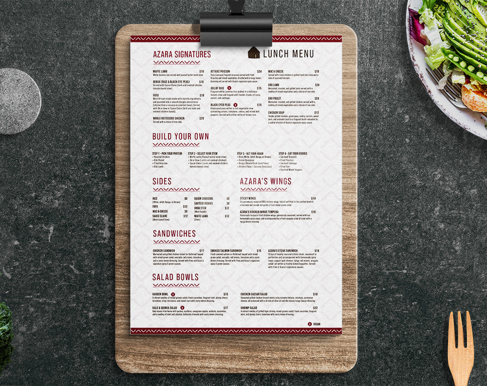 menu design displayed on paper